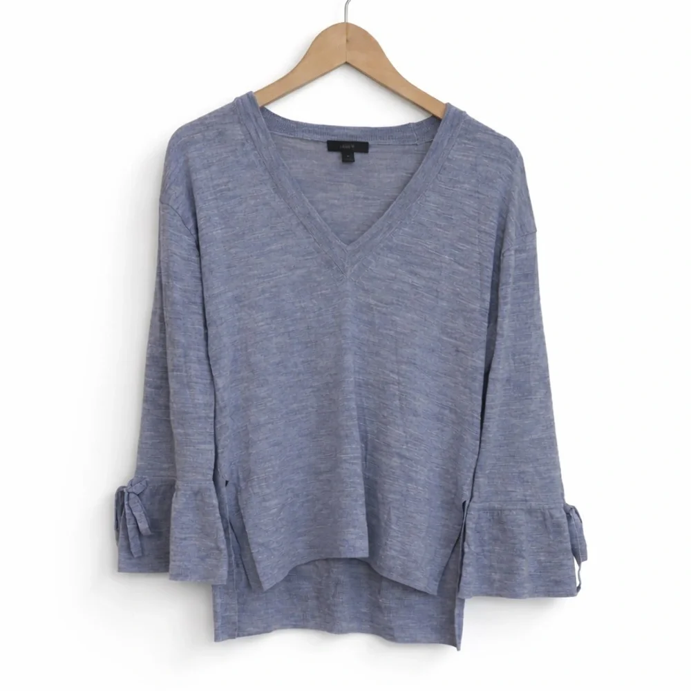 J Crew Lavender Lilac 100% Merino Wool Knit Hi Lo Bell Tie Cuff V Neck Sweater S